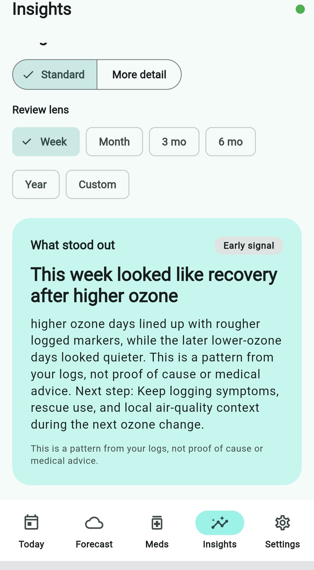 My Asthma Life insights screen: a weekly review card summarizing logged patterns