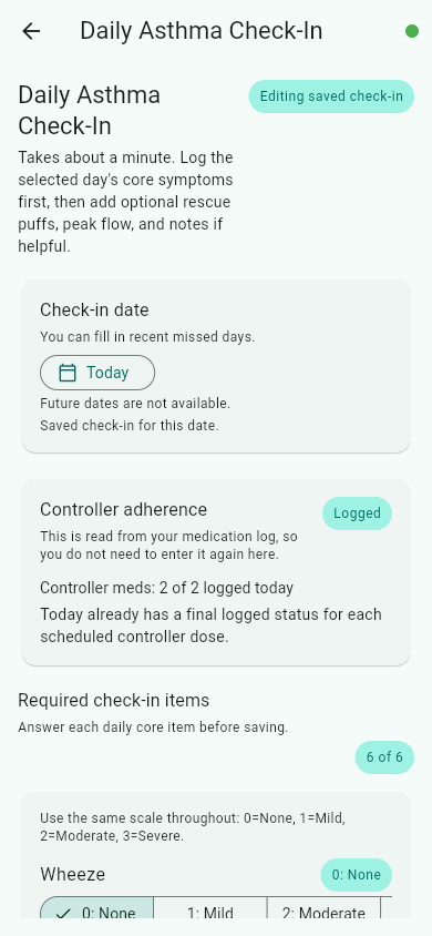 Daily Asthma Check-In screen showing a saved check-in, controller adherence, and the required-items progress indicator.
