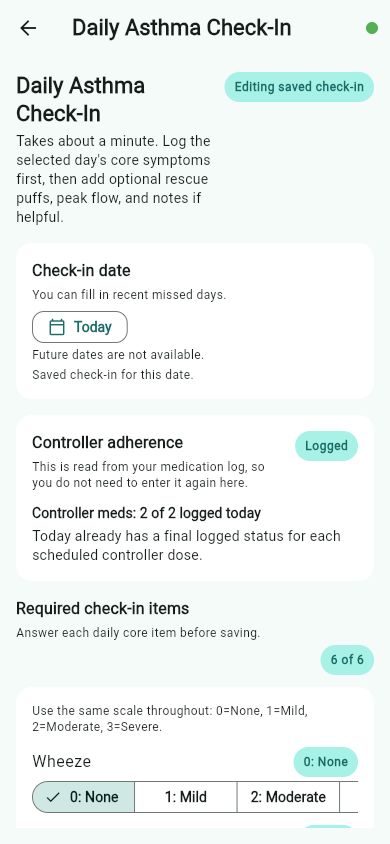 Daily Asthma Check-In form showing the date, controller adherence, required check-in items, and wheeze choices.