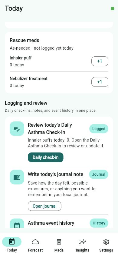 Today screen showing the Logging and review area and a saved Daily Asthma Check-In action.
