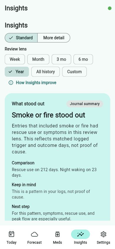 Insights Standard screen for a Year review showing Smoke or fire stood out, 212 rescue-use days, 23 night-waking days, and a data limitation.