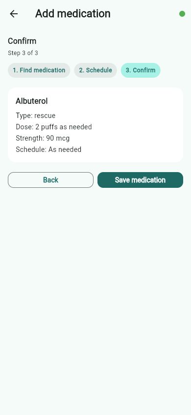 Confirm medication screen for Albuterol showing rescue type, dose, strength, as-needed schedule, and Save medication button.