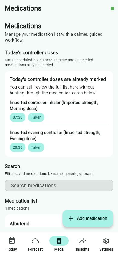 Medications screen with Albuterol in the medication list and an Add medication button.