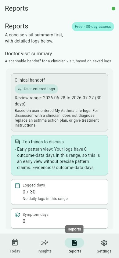 Reports screen showing the Summary period control and a 30-day access label.